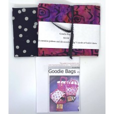 Goodie Bags Kit - Makes 4 - Pattern and 1/2 Yard of Batiks - White Dots on Black and Geometric Pink Purple