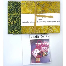 Goodie Bags Kit - Makes 4 - Pattern and 1/2 Yard of Batiks - Gold Pebbles on Green and Gold Swirls
